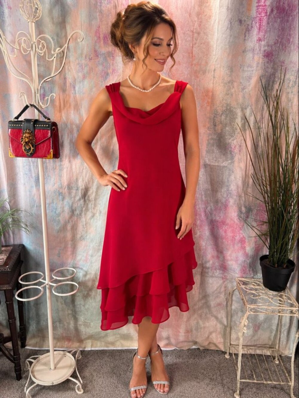 πkarin stevens Flirty Red Asymmetrical Hem Waterfall Neckline Chiffon Dress
